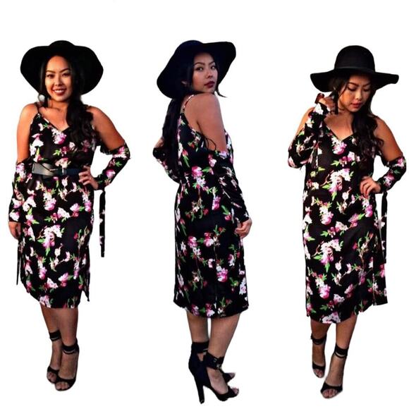 Womens Fliral Black long sleeeve Cold Shoulder Dress Sz 8 - Picture 1 of 8